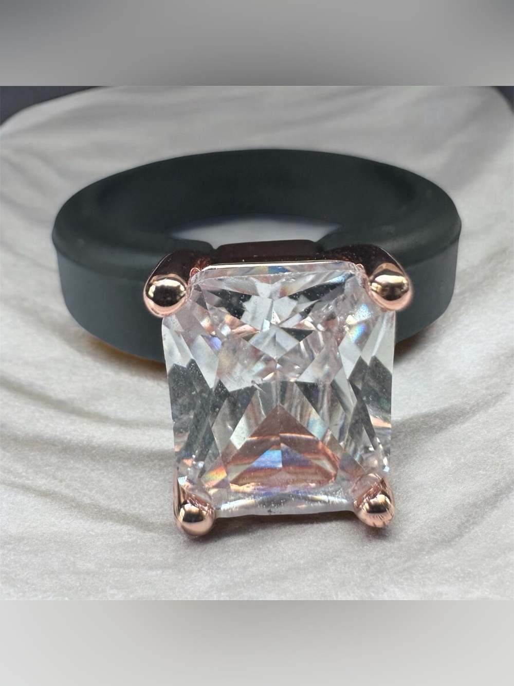 Cinderella Clear Emerald-Cut Stone Rose Gold Prong Black Band Ring